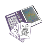 An open digital drawing book showing colorful wizard art on the right screen and various black-and-white sketch templates on the left page, set against a white background.