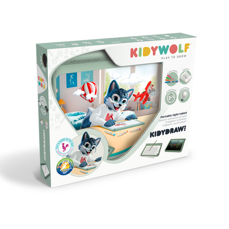 Box of a children's drawing tablet, featuring a playful wolf cartoon character using the tablet. The packaging is colorful and emphasizes creativity.