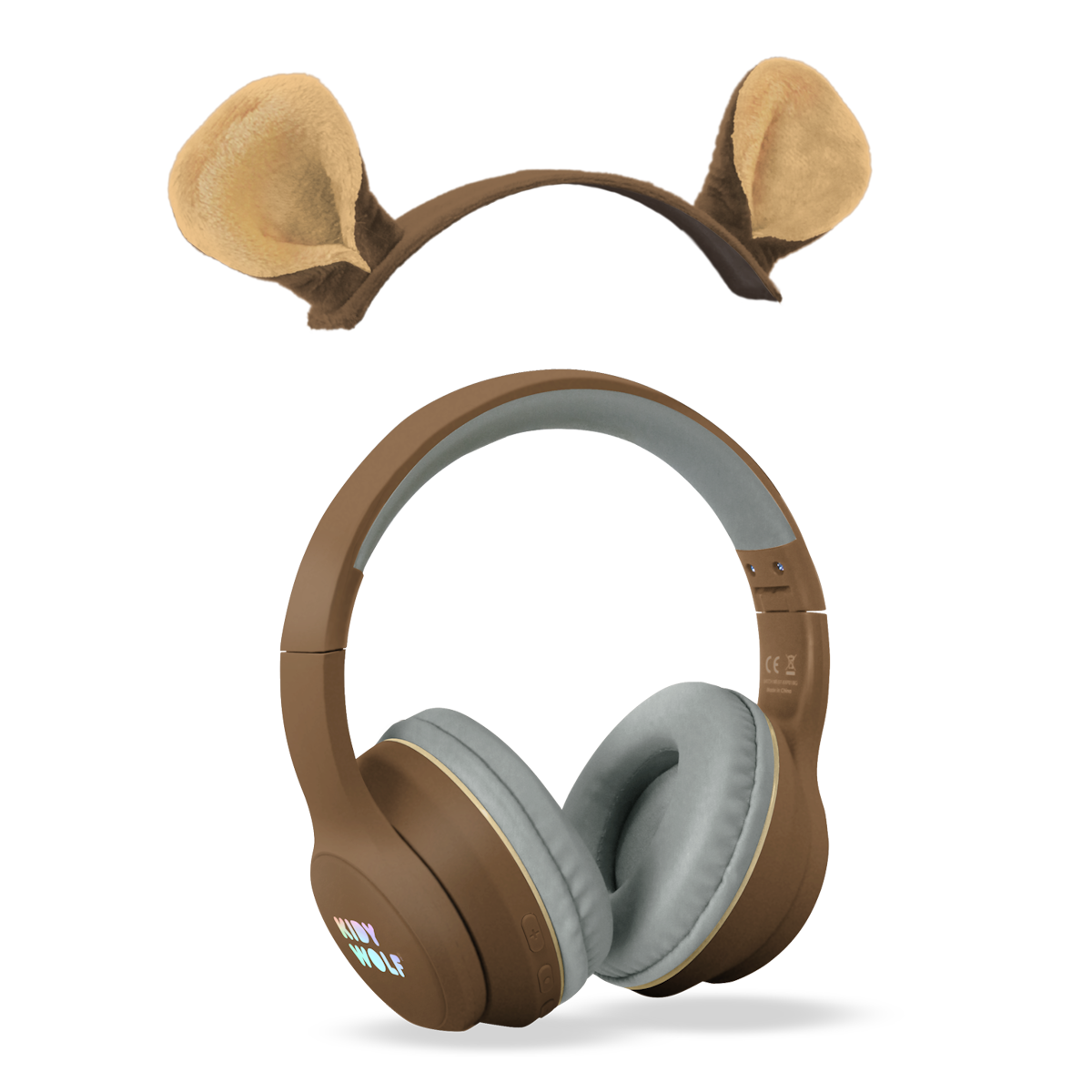 Brown over-ear headphones with plush animal ears attached, featuring "KIDY WOLF" branding. The design is playful and whimsical against a white background.