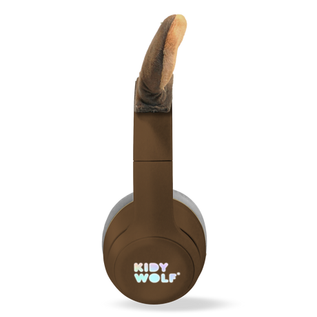 Brown over-ear headphones with plush animal ears attached, featuring "KIDY WOLF" branding. The design is playful and whimsical against a white background.