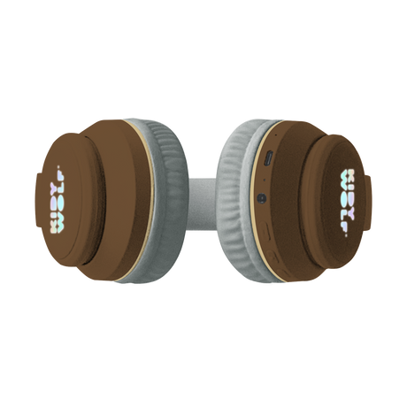 Brown over-ear headphones with plush animal ears attached, featuring "KIDY WOLF" branding. The design is playful and whimsical against a white background.