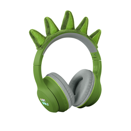 Green headphones with soft, gray ear cushions on a white background, featuring playful green dinosaur spikes on the headband, conveying a fun and quirky vibe.