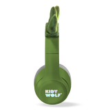 Green headphones with soft, gray ear cushions on a white background, featuring playful green dinosaur spikes on the headband, conveying a fun and quirky vibe.