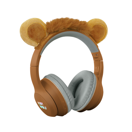 Brown headphones with fluffy bear ears and a soft headband, set against a white background. The ear cups have gray padding, adding a playful, cozy feel.