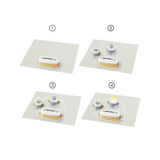 Four-step instruction diagram showing how to connect a toy electrical circuit to light up a bulb.
