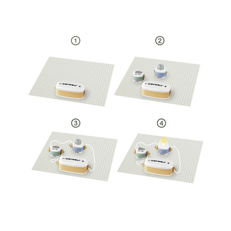 Four-step instruction diagram showing how to connect a toy electrical circuit to light up a bulb.