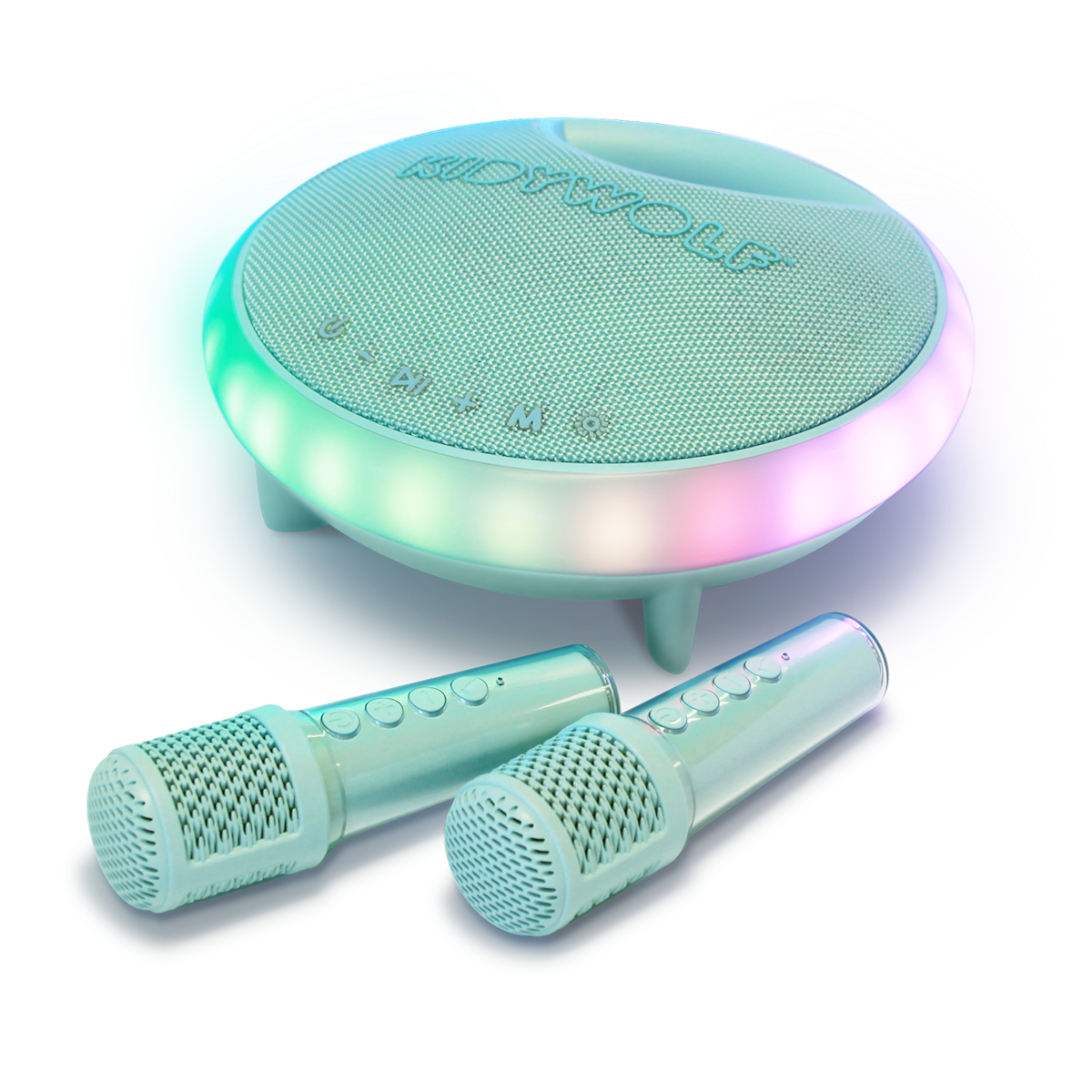 Round karaoke device with glowing edges in pastel colors, accompanied by two microphones. The setup exudes a fun and inviting vibe, ideal for parties.