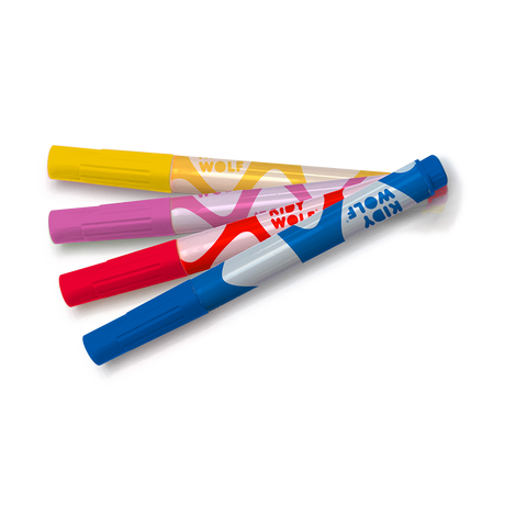 Four colorful markers are aligned on a black background. The markers are blue, red, pink, and yellow with unique abstract designs, displaying a playful and creative tone.