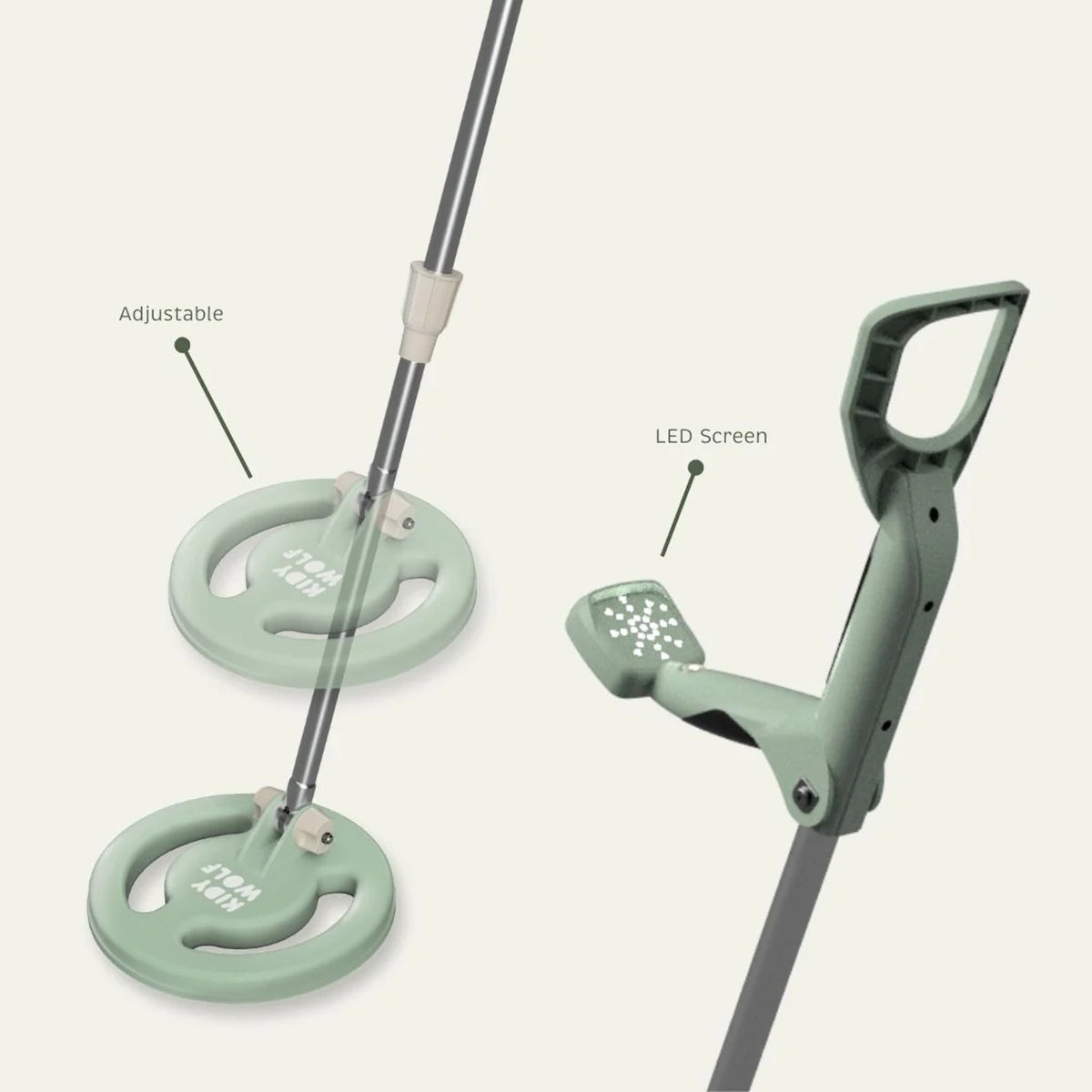 Diagram showing parts of a green toy metal detector, highlighting its adjustable stem and LED screen.