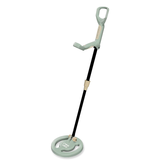 A light green and black toy metal detector for kids by Kidywolf on a white background.