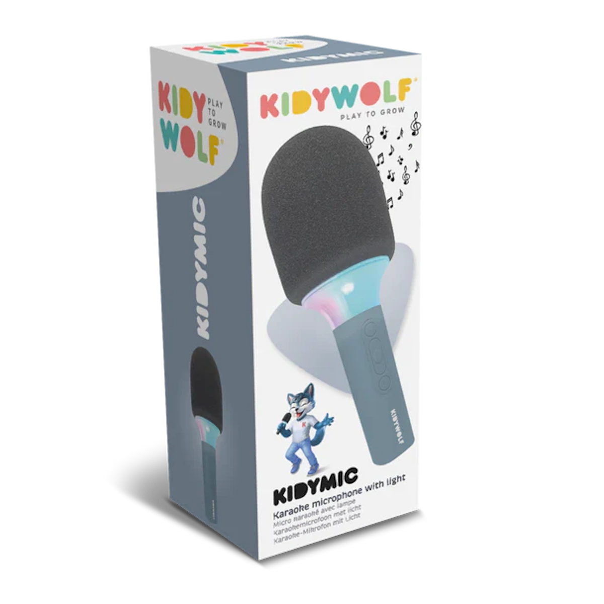 Box of a kid’s karaoke microphone with light. The packaging features colorful branding, musical notes, and a cartoon wolf character, conveying a fun and playful tone.