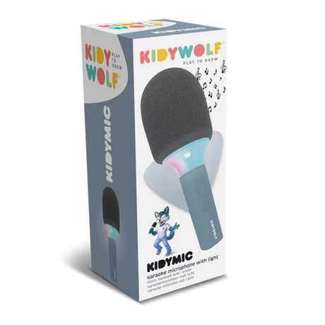 Box of a kid’s karaoke microphone with light. The packaging features colorful branding, musical notes, and a cartoon wolf character, conveying a fun and playful tone.