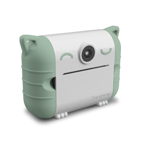 Cute camera with a cat design features mint-green accents and cat-ear details on a glossy white body. It conveys playfulness and whimsy.
