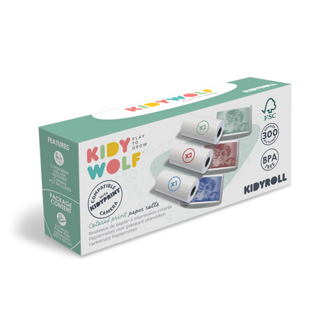 Box labeled "Kidy Wolf" with colorful print paper rolls. Features include BPA-free, FSC-certified, and 300 prints. Compatible with Kidyprint camera.