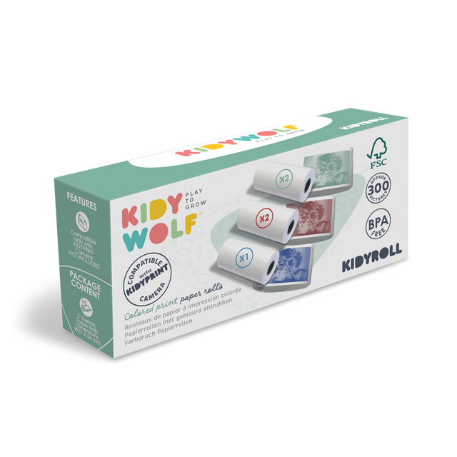 Box labeled "Kidy Wolf" with colorful print paper rolls. Features include BPA-free, FSC-certified, and 300 prints. Compatible with Kidyprint camera.