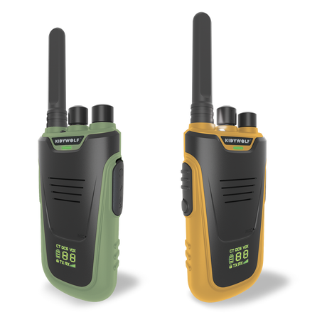 Two walkie-talkies with antennas, a green one on the left and a yellow one on the right, are displayed on a white background. Both show a digital display.