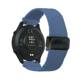 Back view of a black Kidywolf smartwatch with a blue braided fabric strap and a black clasp.