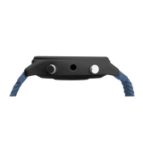 Side profile of a black smartwatch case with two silver buttons and a blue textured strap.