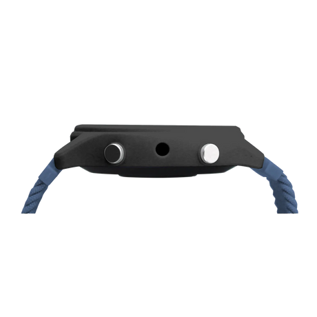 Side profile of a black smartwatch case with two silver buttons and a blue textured strap.