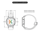 Diagram showing the dimensions and circumference specifications of a round smartwatch from front and side views.