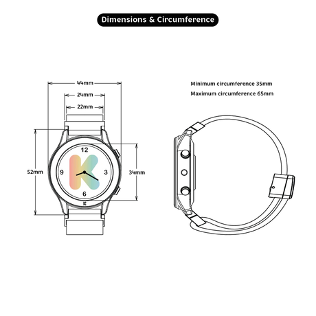 Diagram showing the dimensions and circumference specifications of a round smartwatch from front and side views.