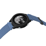 A black smartwatch with a blue woven strap showing an astronaut watch face.