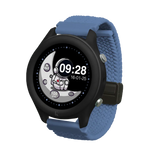 A black smartwatch with a blue braided strap, displaying an astronaut on a crescent moon watch face.