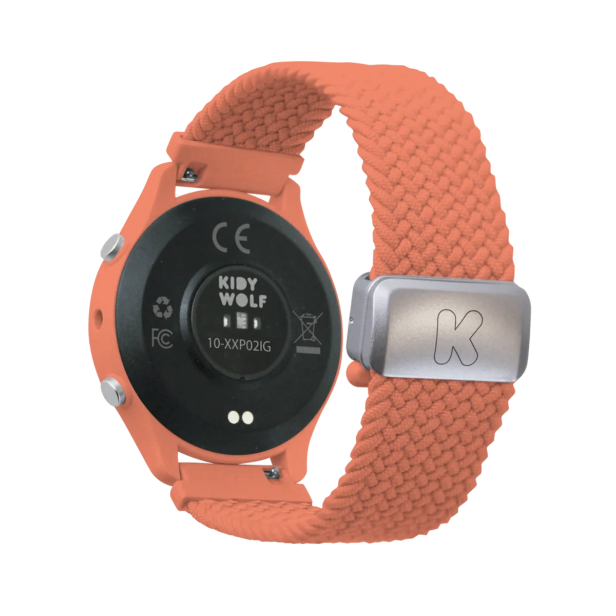 Back view of a coral pink smartwatch with a black sensor base and a braided fabric strap featuring a silver clasp.