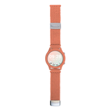 A coral-colored smartwatch with a braided strap, displaying a digital clock and fitness metrics.