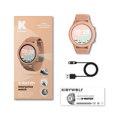 Kidywolf K-Watch interactive smartwatch in coral pink with its box, charging cable, and quick start guide.