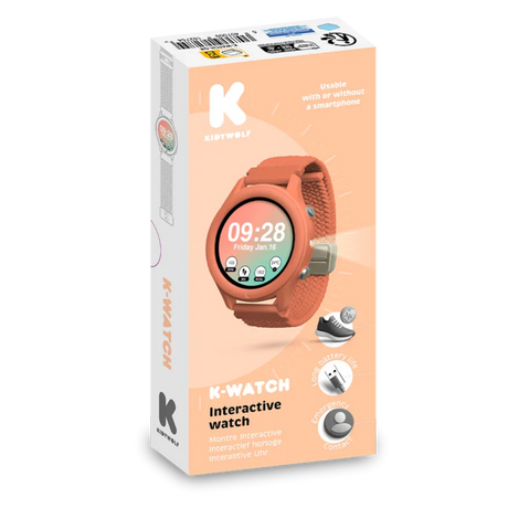 K-Watch interactive smart watch in coral orange packaging box.