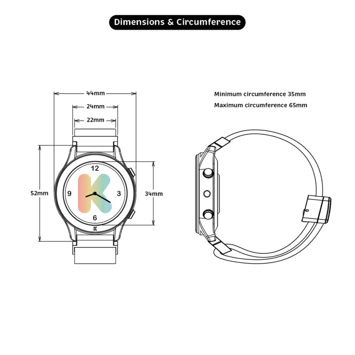 Technical drawing showing the case dimensions and strap circumference details of a smartwatch.