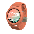 A coral-colored smartwatch with a woven strap displaying time, date, and fitness metrics on its screen.