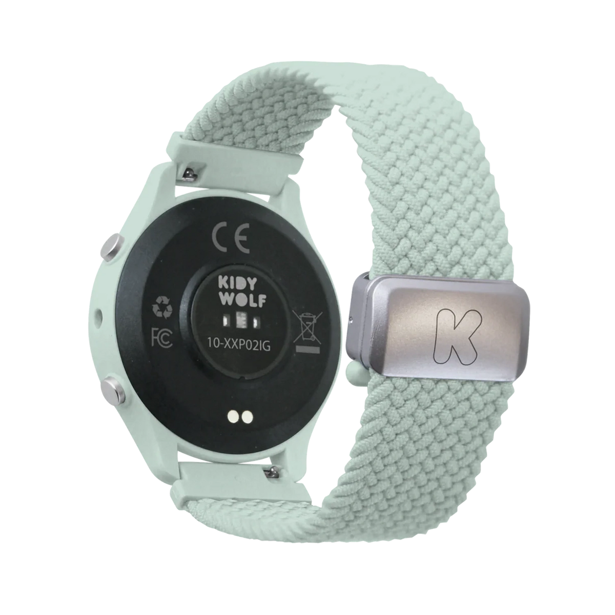 Back of a mint green Kidywolf smartwatch showing the sensors and a woven elastic strap with a metal clasp.