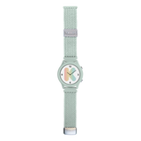 Mint green watch with a braided strap and a white face featuring a large, pastel rainbow letter K.