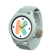 A light green smartwatch with a woven strap and a watch face featuring a colorful gradient letter K.