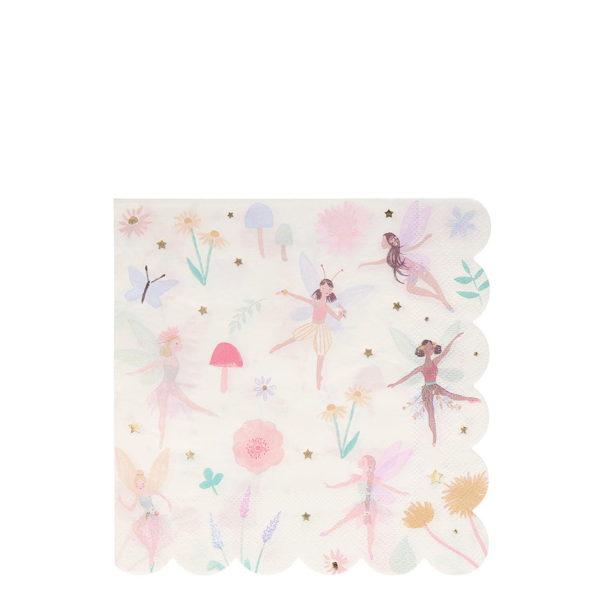 A scalloped paper napkin with a pastel pattern of dancing fairies, mushrooms, and flowers.