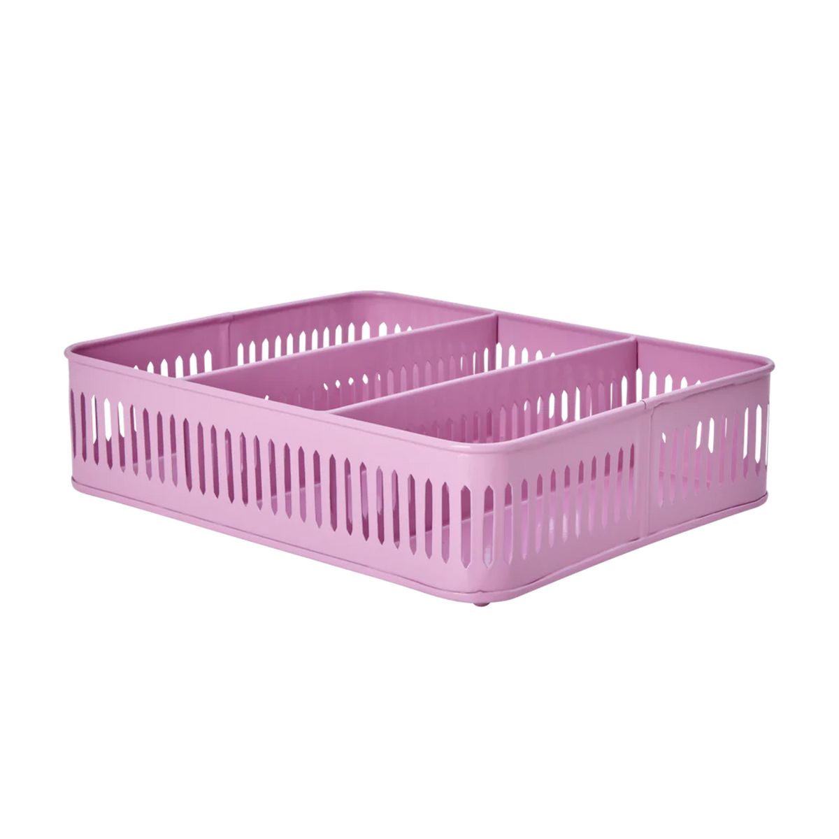 Pink plastic storage basket with slotted sides and two internal dividers, set against a white background. The basket design suggests functionality and simplicity.