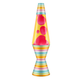 A retro lava lamp with red wax in yellow liquid featuring a colorful beach umbrella striped base and cap.