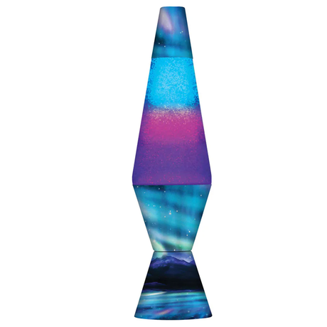Northern Lights lava lamp with purple and blue glitter wax and an aurora borealis night sky themed base.
