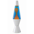 Modern lava lamp with orange wax and blue liquid in a silver metal base on white background.