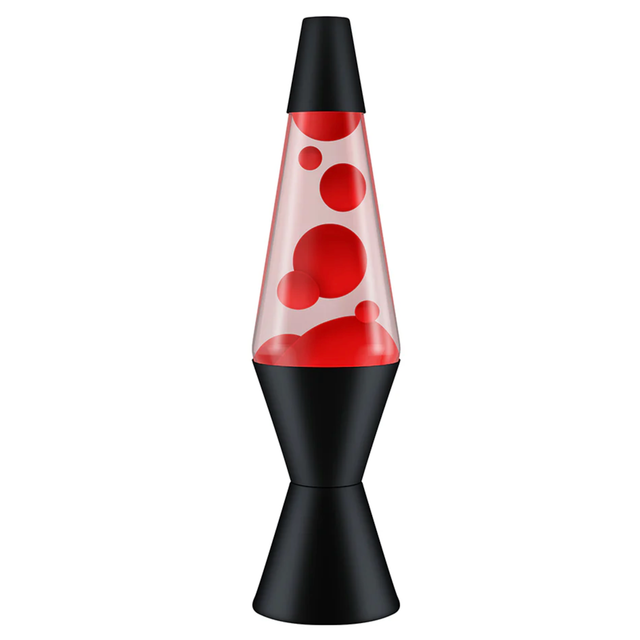 A classic lava lamp with a matte black base and cap, featuring vibrant red wax floating in clear liquid.