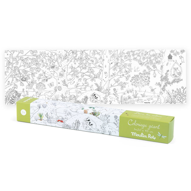 A giant coloring poster featuring a detailed forest theme with trees, animals, and plants in black and white. The packaging is green and white.