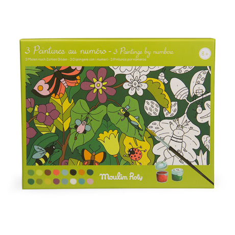 Box with "3 Paintings by Numbers" kit from Moulin Roty. The vibrant design features colorful insects and flowers. Includes paintbrush and paint pots.