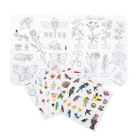 Open coloring book features detailed insect and plant illustrations. Below, vibrant stickers of birds, plants, and insects add color. Creative tone.