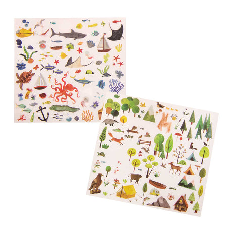 Illustrated map featuring a colorful land and sea scene. Top shows a camping ground with animals and trees. Bottom depicts an underwater world with sea creatures and ships. Two sheets of themed stickers are beside the map, adding playful interaction.