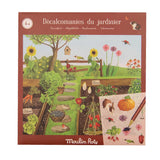 Illustrated garden scene with sunflowers, carrots, and a birdhouse against a blue sky. Includes garden tools and decorative decals, with a playful tone.