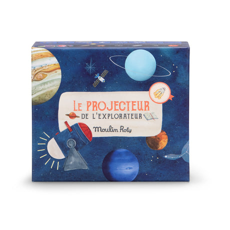 Moulin Roty Les Explorateurs Le Projecteur de l'Explorateur space projector toy gift box front view with planets.
