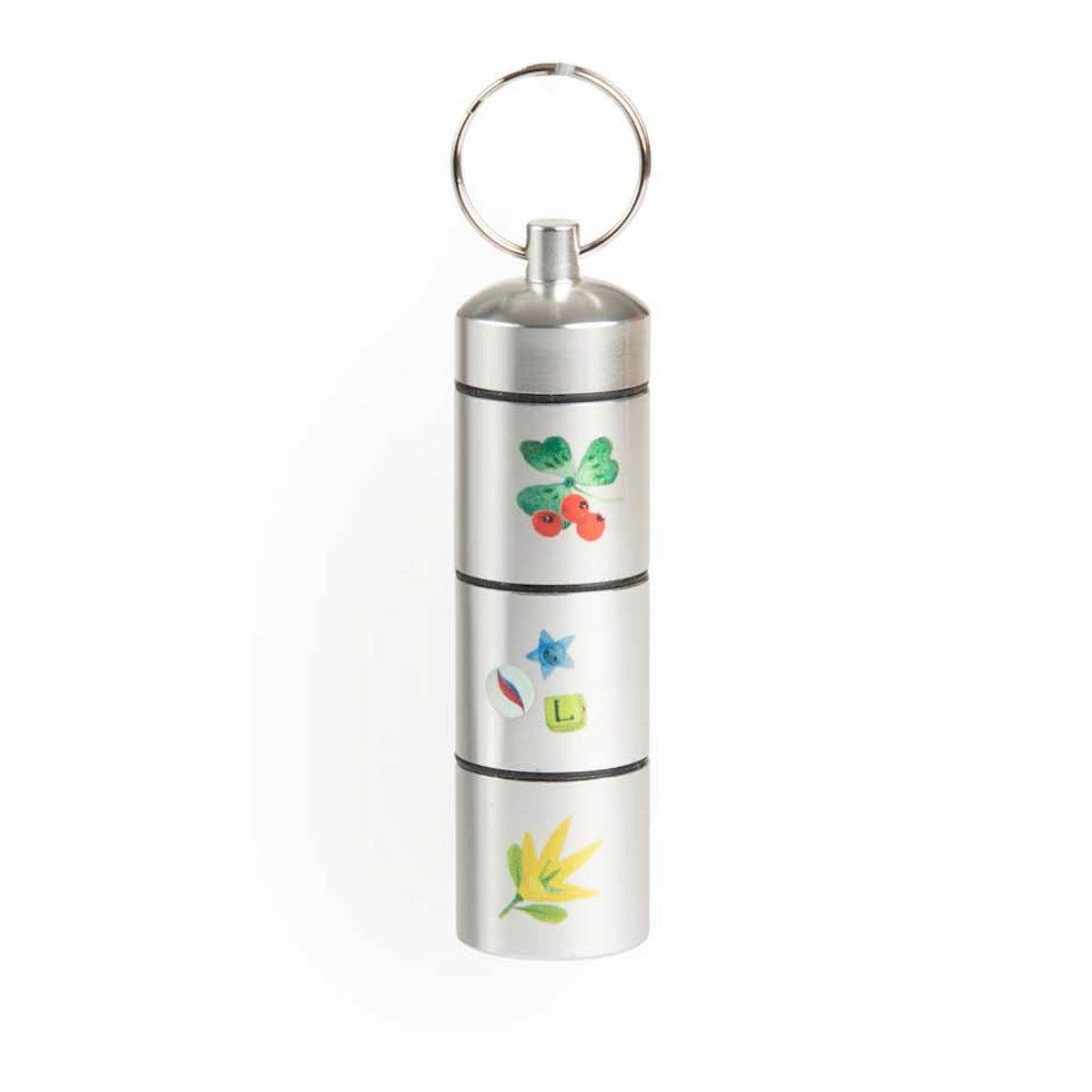 Silver cylindrical container with a keyring, featuring colorful botanical and star decals. The design is playful and vibrant.