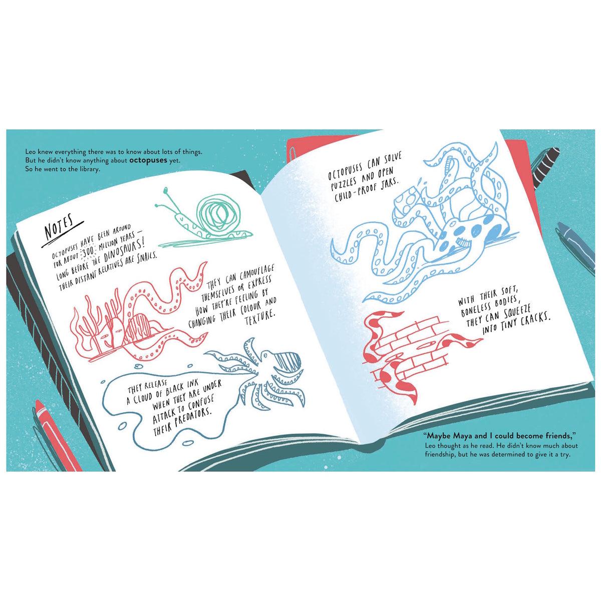 Open notebook with hand-drawn octopus facts and illustrations, including a snail, camouflage, and ink clouds.